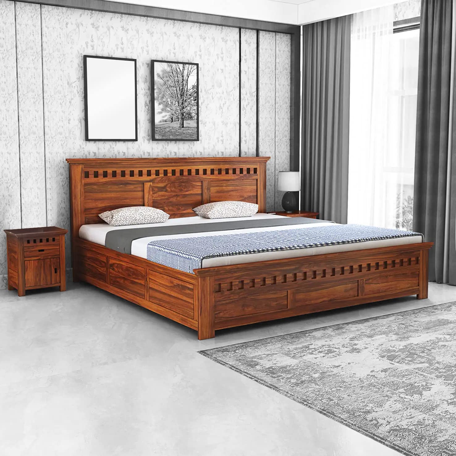 Wooden Craftico Sheesham Wood King Size Double Bed with Box Storage for Bedroom Livig Room Home (Honey Finish)