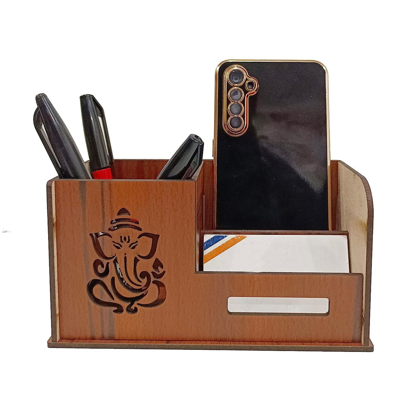 KBR Pen Stand with Visiting Card & Mobile Holder Multipurpose Wooden Desk Organizer Pen and Pencil Stand for Office Table with Business Card Holder Box and Mobile Stand GANESHA