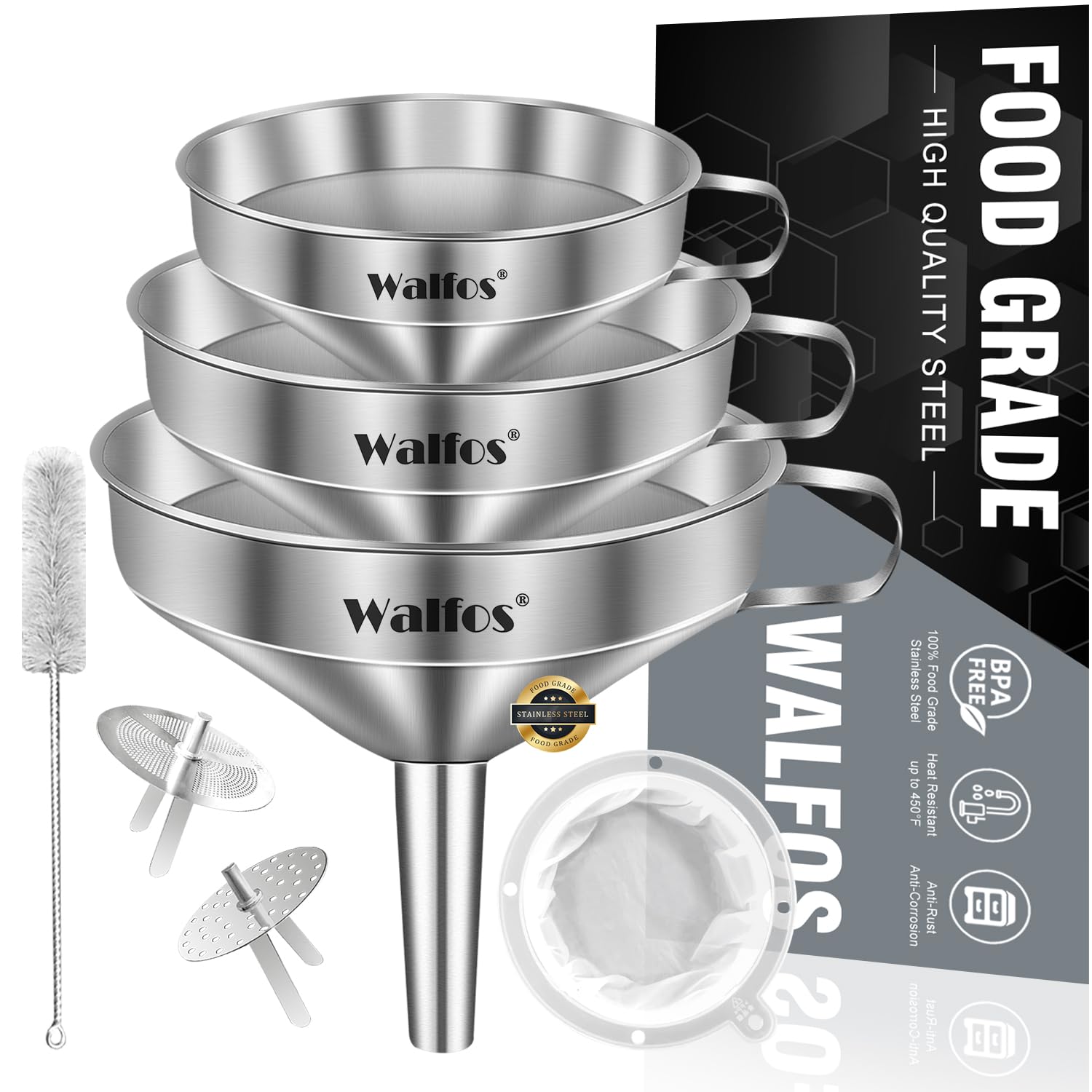 Walfos 3Pcs Kitchen Funnel with 2 Removable Strainer ＆ 1 Cleaning Brush & 1Pc 200 Mesh Food Filter Strainer, Food Grade Stainless Steel Funnel for Transferring of Liquid, Oils, Jam, Dry Ingredients