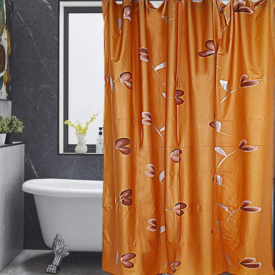 Kuber Industries Polyvinyl Chloride Leaf Design Shower Curtain with 8 Hook, Standard, Gold