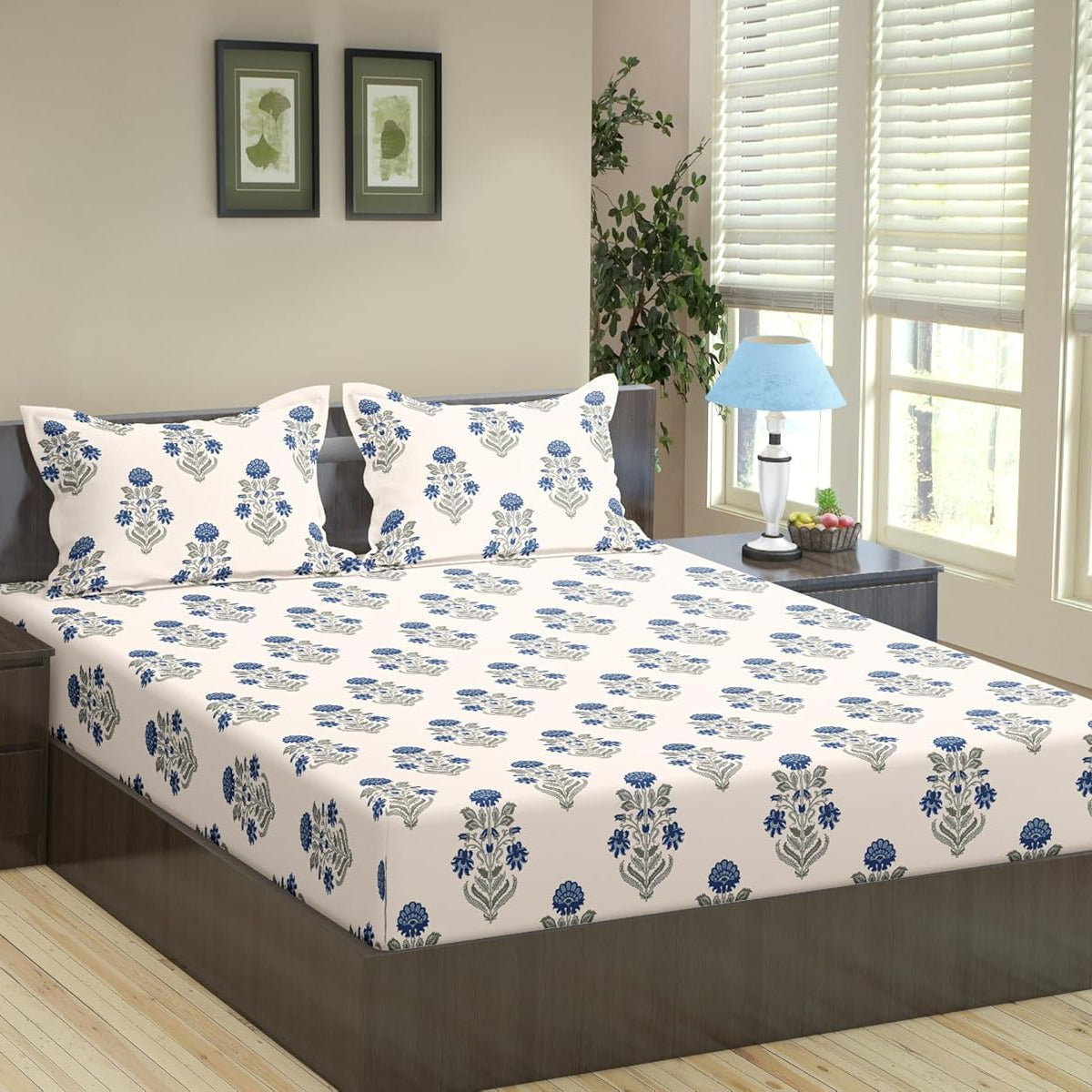 Trance Home Linen Jaipuri Design 180TC 100% Cotton King Size Printed Bedsheet | Bedding Set of King Size Flat Bed Cover with 2 Pillow Covers (108x108 inch | 9ft x 9ft - Aangan Blue)