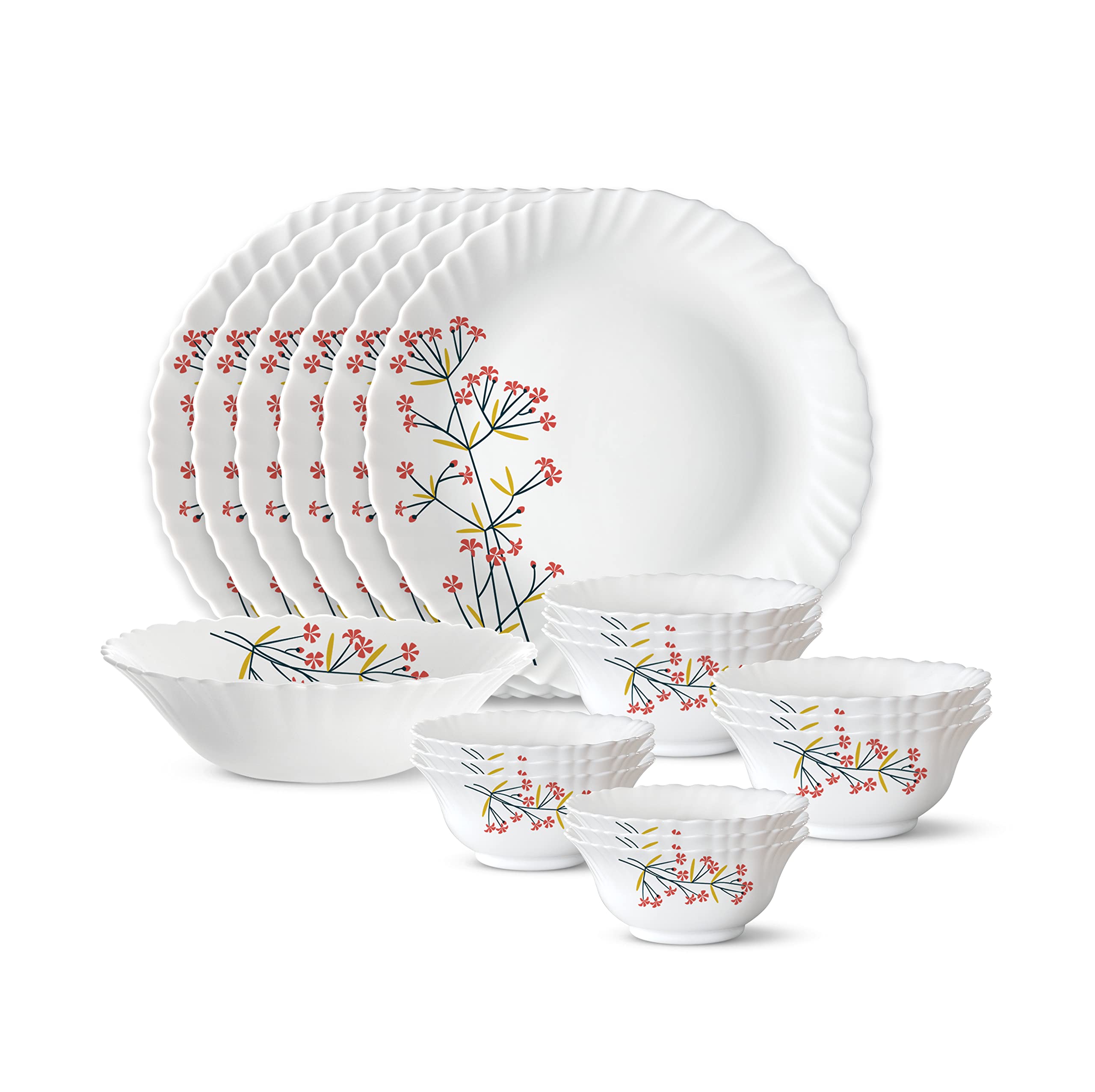 Larah by Borosil Red Bud Silk Series Opalware Dinner Set | 19 Pieces for Family of 6 | Microwave & Dishwasher Safe | Bone-Ash Free | Crockery Set for Dining & Gifting | Plates & Bowls | White,Floral