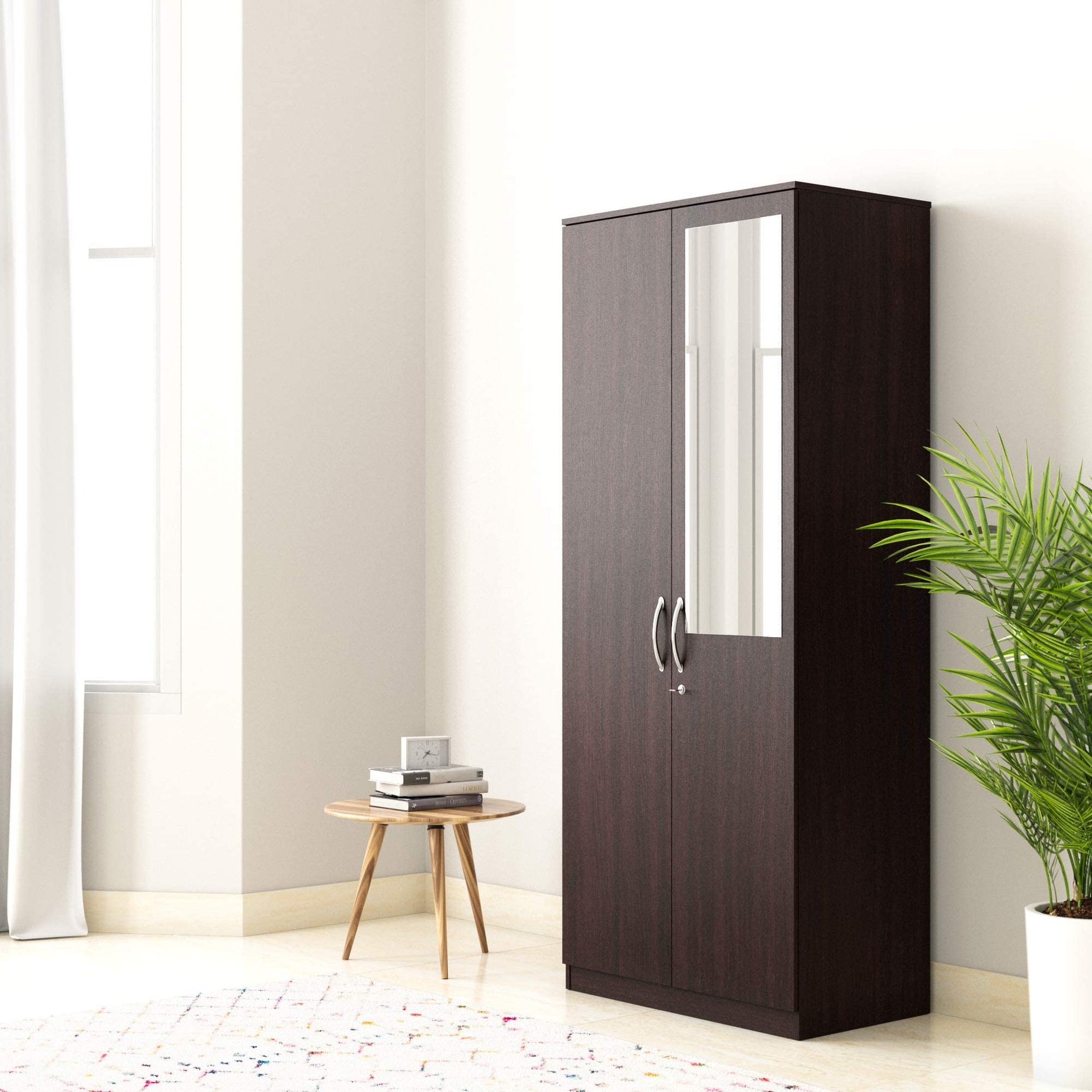 Amazon Brand - Solimo Medusa Engineered Wood 2 Door Wardrobe with Drawer and Mirror (Wenge Finish)