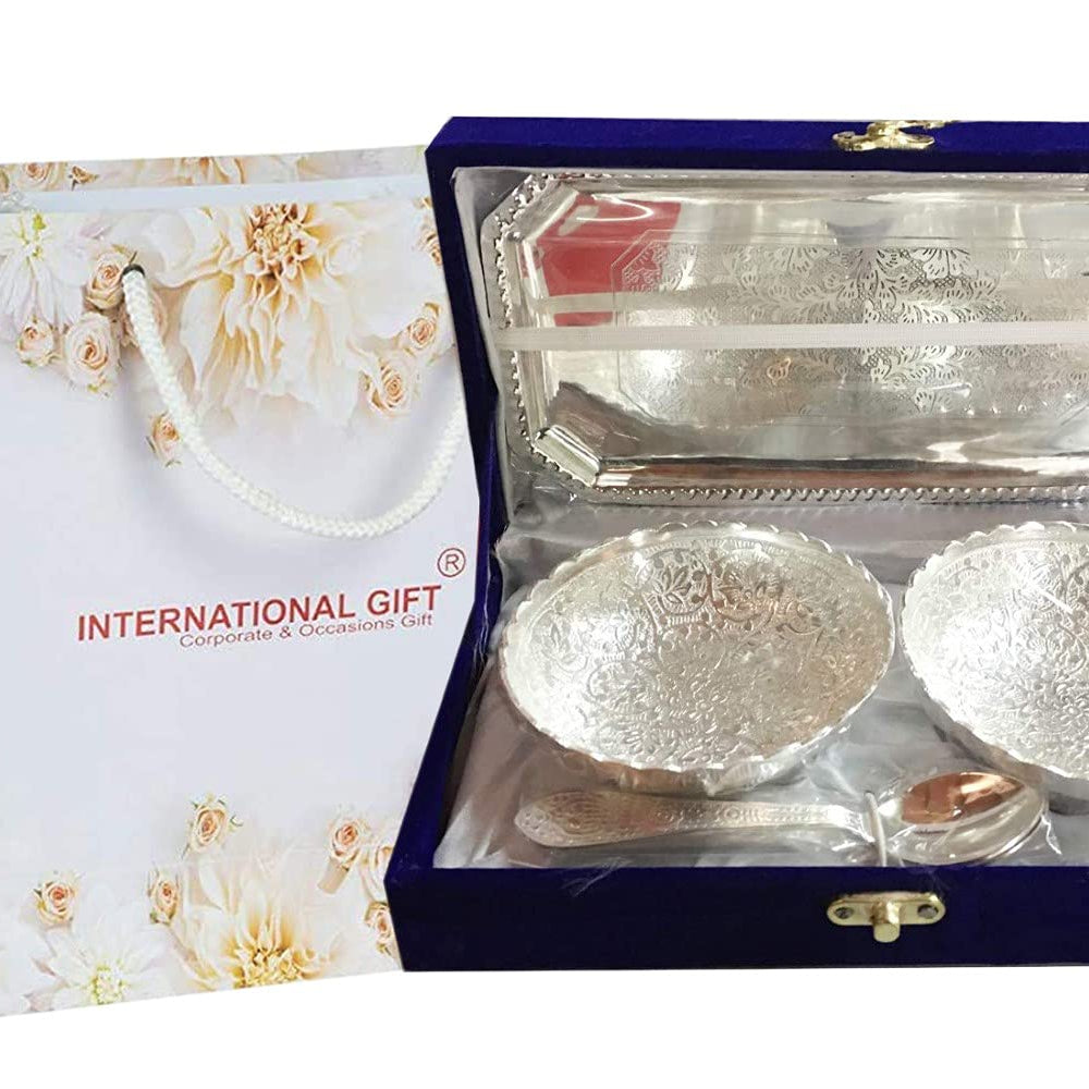 INTERNATIONAL GIFT® German Silver Brass Two Bowl with Two Spoon and with Single Tray with Beautiful Velvet Box Packing with Carry Bag Uses for Dry Fruit | Chocolate | Sweet | HomeDecor