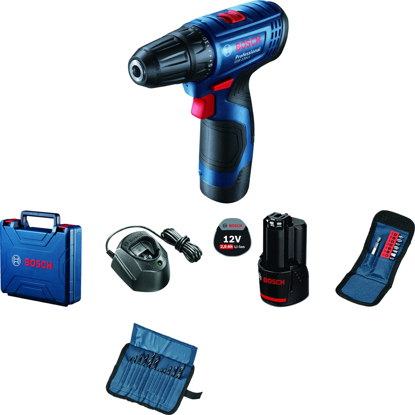 Bosch Professional GSR 120-LI Cordless Drill Driver, 12V, 10 mm Chuck with 2 x GBA 12V 2.0Ah Battery, 1 x GAL 1210 CV Charger & Carrying Case & 21 Pcs Accessories Set