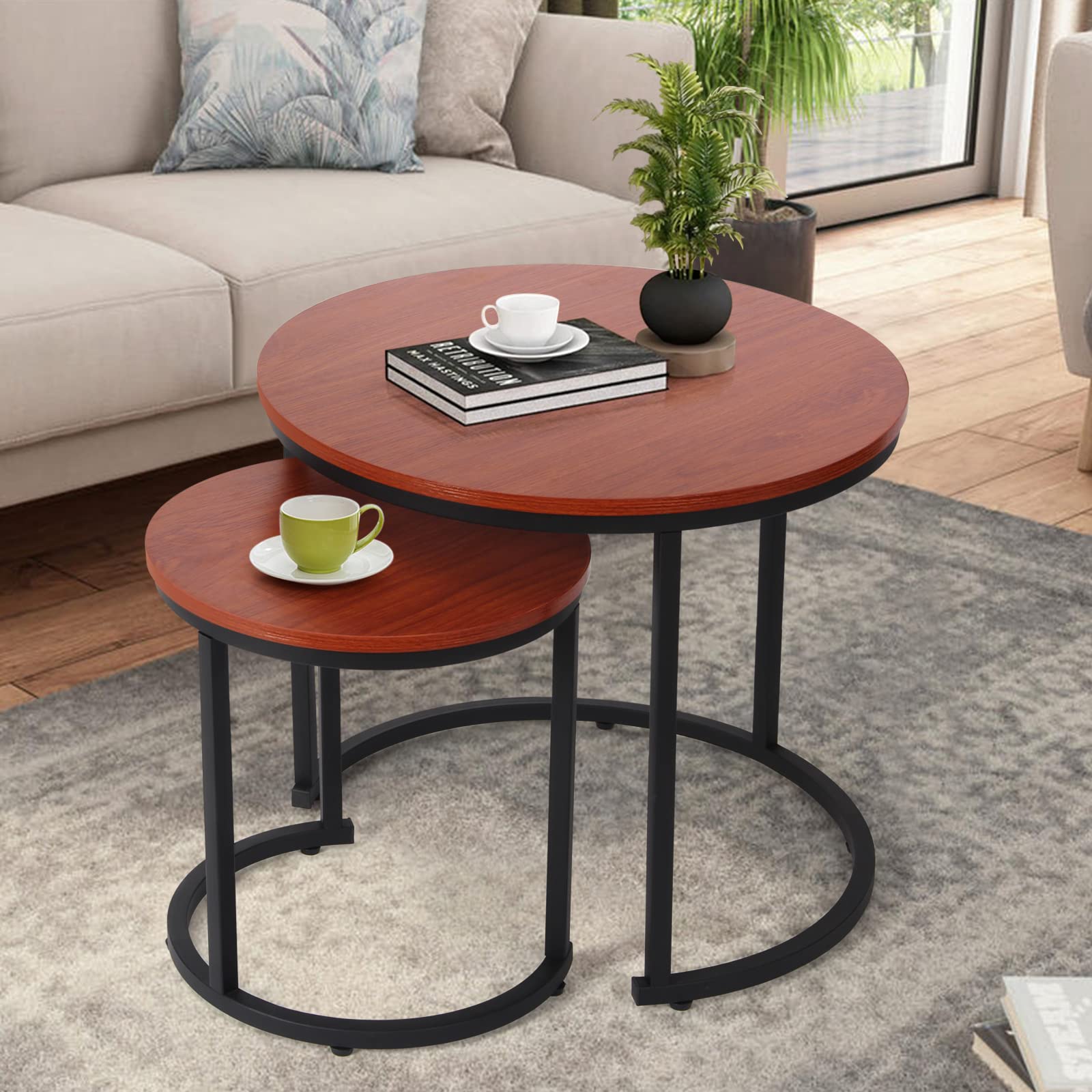 VOWNER Coffee Tables for Living Room - Small Round Set of 2, Center Table with Solid Wood Grain Table Top and Sturdy Metal Frame, Nesting Tables for Small Spaces, Easy to Assemble