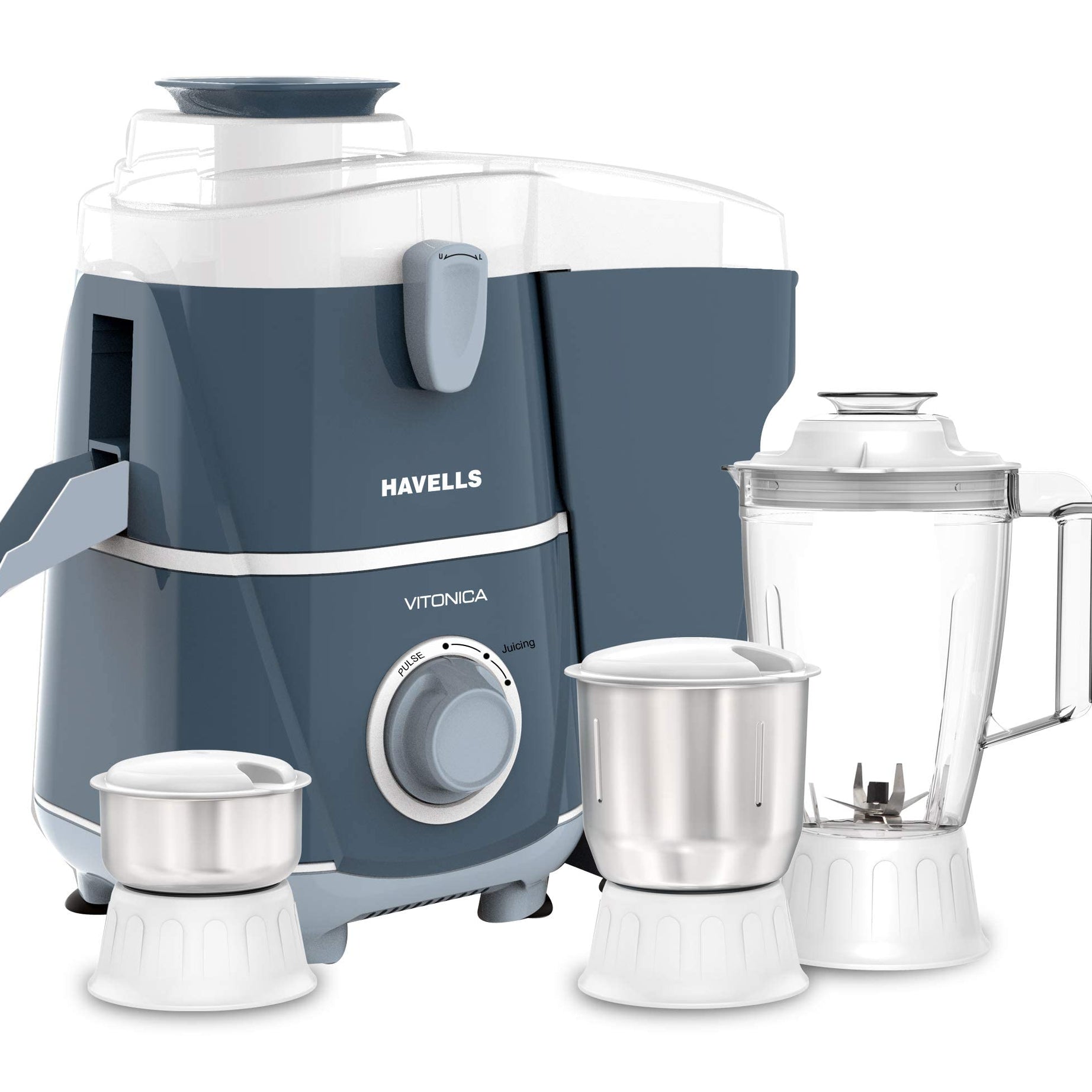 Havells Vitonica 500W Juicer Mixer Grinder with 3 Stainless Steel Jar, Large Size Pulp Container,Foldable Juicing Spout, 2 Yr Product & 5 Yr Motor Manufacturer Warranty (White & Blue)