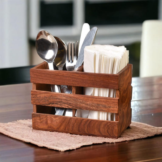 Artsio Craft Store 2 Compartment Wooden Cutlery Spoon Holder Multipurpose Kitchen Rack Organizer, 6 Inches-Brown (Classic)