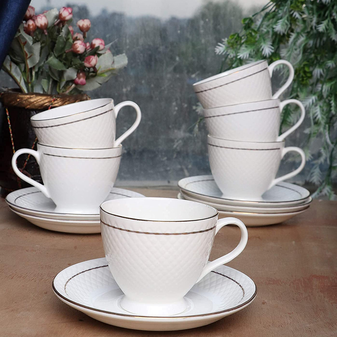 SkyKey Bone China Tableware Serving White Dotted Tea Coffee Cups Saucer Set 12 Pcs, 180 ML