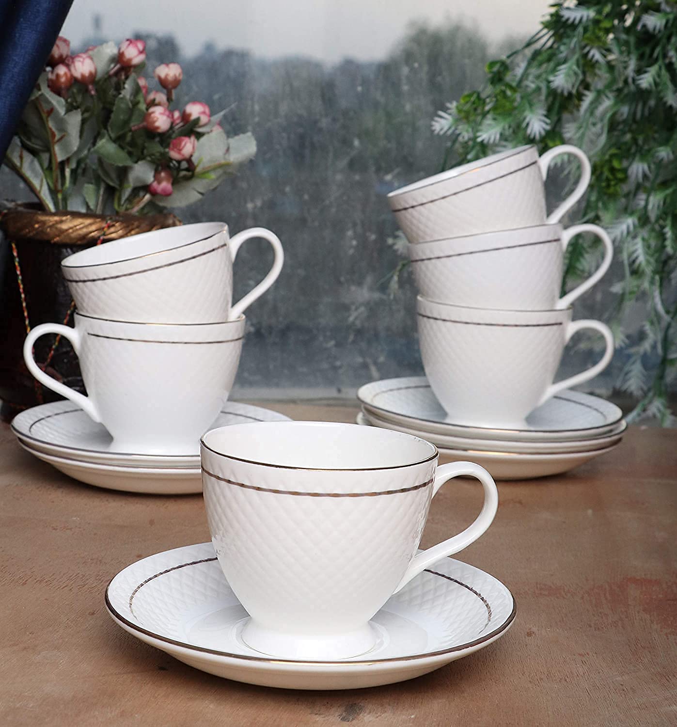 SkyKey Bone China Tableware Serving White Dotted Tea Coffee Cups Saucer Set 12 Pcs, 180 ML