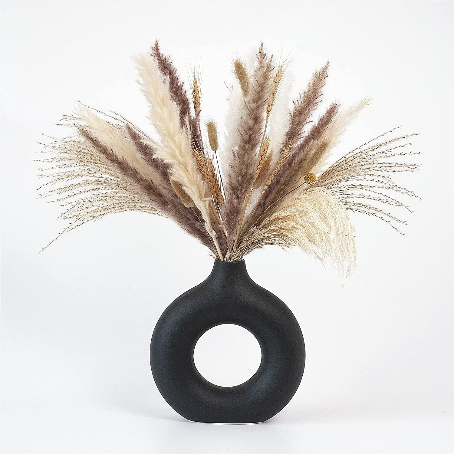 EARTHLY Modern Black Ceramic Donut Vase (4 Inches), Elegant Pampas Grass Vase for Home Decor, Weddings | Stylish Round Shape Vases for Living Room, Office, Bedroom | Decorative Gift - Pack of 1