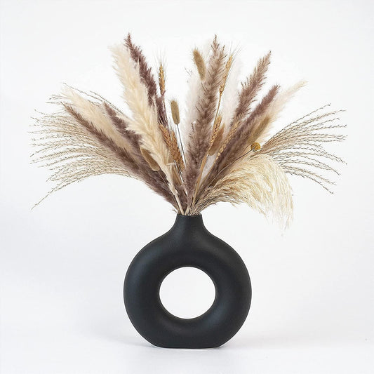 EARTHLY Modern Black Ceramic Donut Vase (4 Inches), Elegant Pampas Grass Vase for Home Decor, Weddings | Stylish Round Shape Vases for Living Room, Office, Bedroom | Decorative Gift - Pack of 1