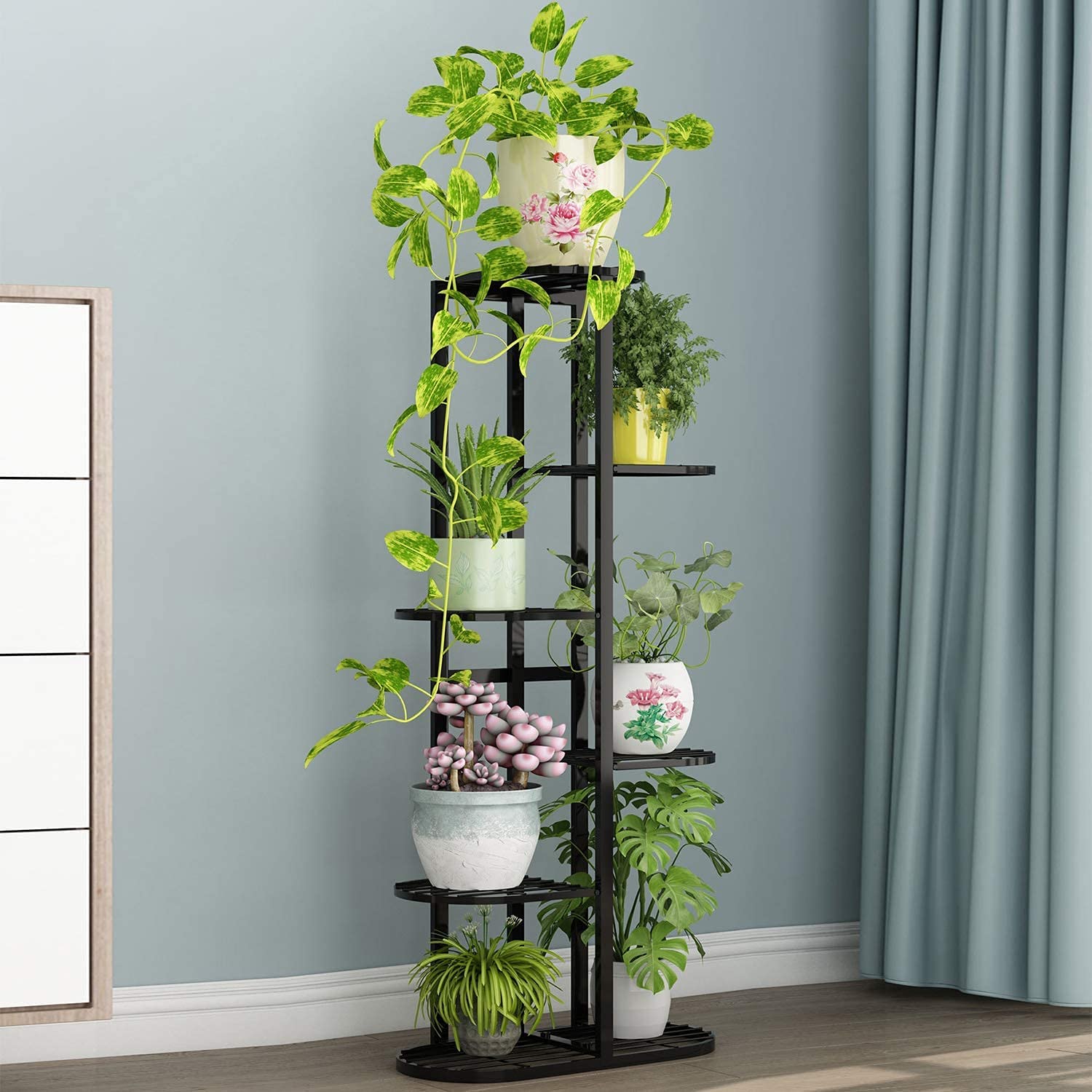 THE PLANT FAIRIES Trendy Luxury Metal 6 Tier 7 Potted Plant Stand Multiple Flower Pot Holder Shelves Planter Rack Storage Organizer Display For Indoor Outdoor Size- Hxl 41X18 Inch