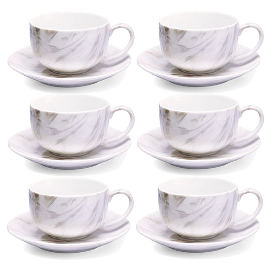 Treo by Milton Marble Cup and Saucer Set of 12, Marble Grey | Tea | Coffee | Milk | Hot Chocolate | Latte | Cappuccino | Mocha | Espresso