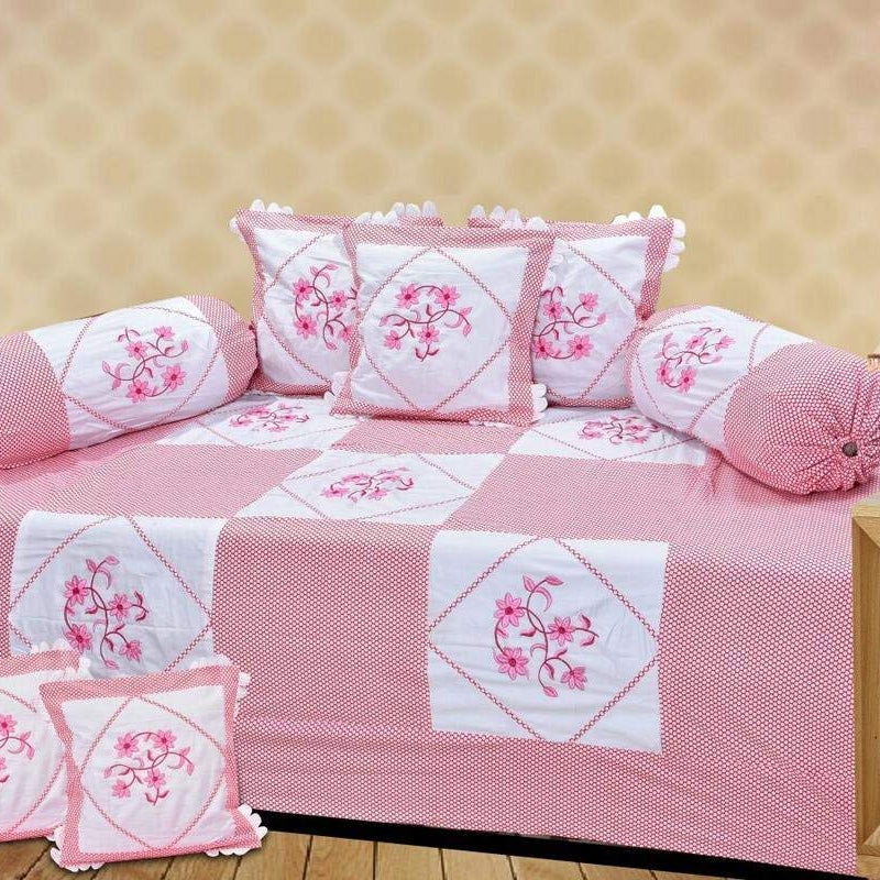 HomeStore-YEP Cotton Lupi Work Diwan Set Of 8 Pieces 1 Diwan Bed Sheet (90X60 Inches) - 5 Pcs Cushion Covers [16X16 Inches] - 2 Pcs Bolster Covers [16X31 Inches],(Nannan)