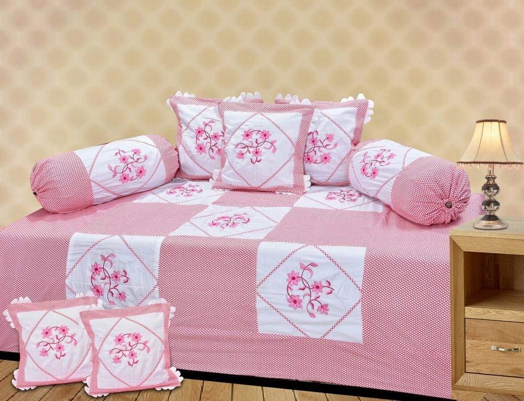 HomeStore-YEP Cotton Lupi Work Diwan Set Of 8 Pieces 1 Diwan Bed Sheet (90X60 Inches) - 5 Pcs Cushion Covers [16X16 Inches] - 2 Pcs Bolster Covers [16X31 Inches],(Nannan)