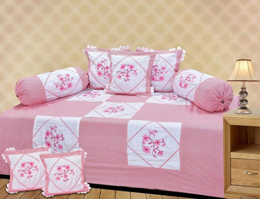 HomeStore-YEP Cotton Lupi Work Diwan Set Of 8 Pieces 1 Diwan Bed Sheet (90X60 Inches) - 5 Pcs Cushion Covers [16X16 Inches] - 2 Pcs Bolster Covers [16X31 Inches],(Nannan)