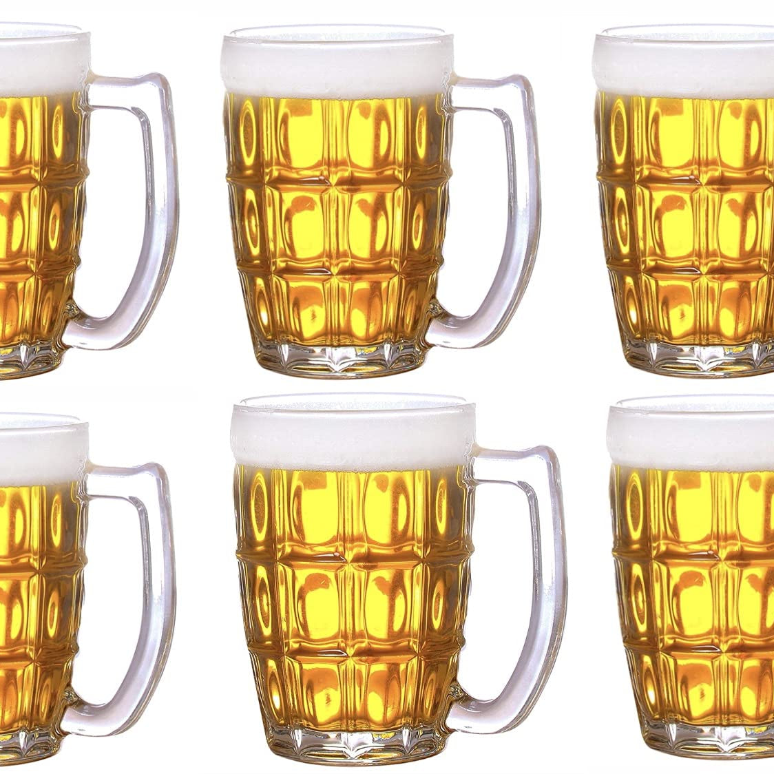 RAMOJI INTERNATIONAL 400 ML Heavy Base Crystal Clear Glass Beer Mug Classic Design Transparent Mug with Glass Handle for Multipurpose Drink, Set of 06