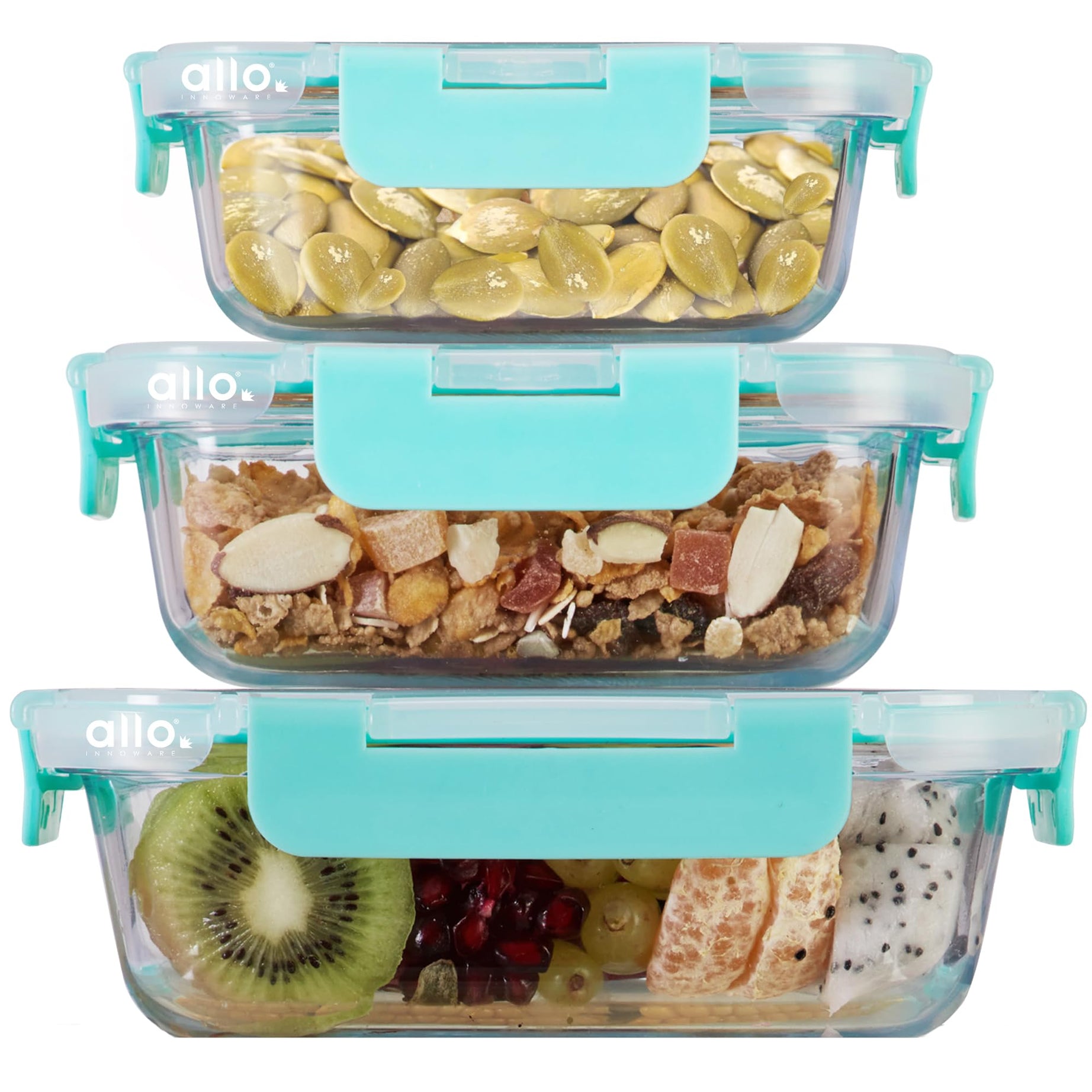 Allo Food Safe Glass Containers With Lids With Break Free Lock,Oven & Microwave Safe Containers,Borosilicate Meal Prep Glass Food Storage Container For Kitchen,Set Of 3 185Ml,370Ml,640Ml - Transparent