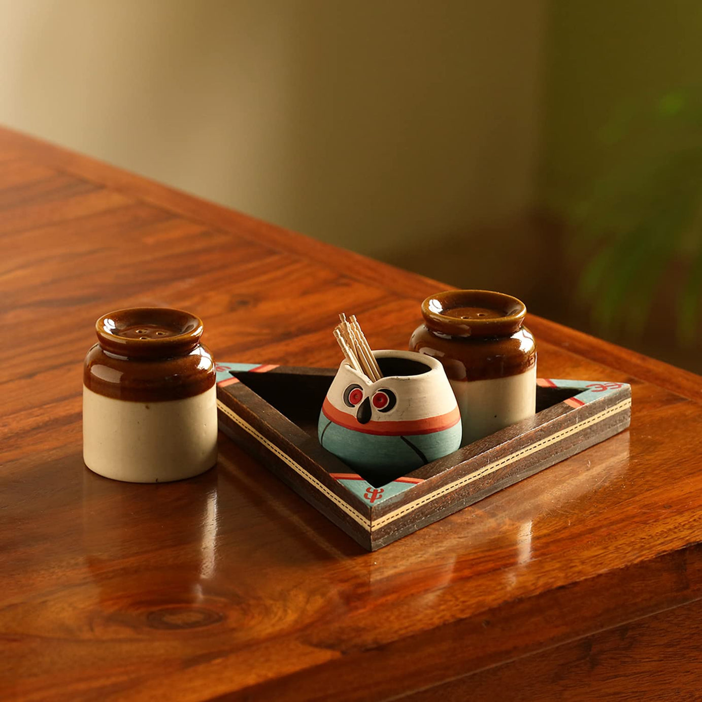 ExclusiveLane 'Desert Owl-Jar Pack' Hand Glazed Ceramic Salt & Pepper Shakers Set with Terracotta Toothpick Holder & Wooden Tray - Salt Pepper Set for Dining Table Fancy Salt Containers for Kitchen