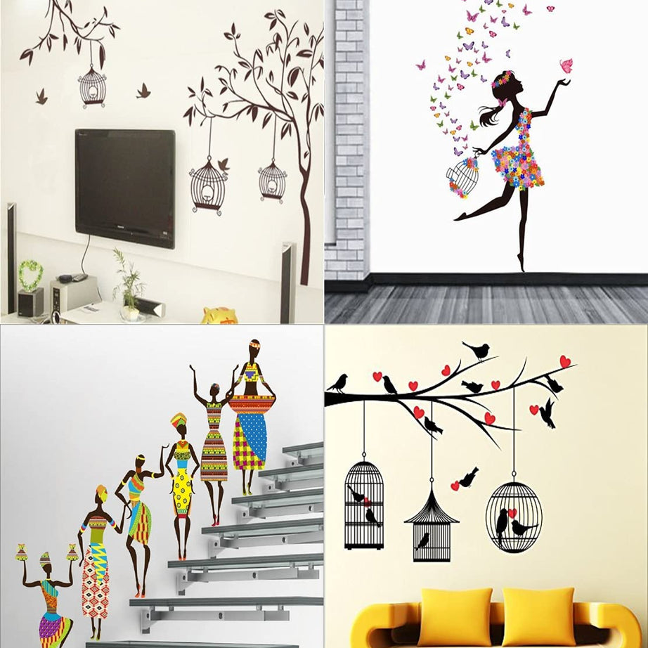 Ghar Kraft Set of 4 Wall Sticker Love Birds with Hearts (120 x 85 cms) | Tribal Lady (180 x 60 cms) | Free Bird Case | Dream Girl (59 x 89 Cm) -Material Vinyl