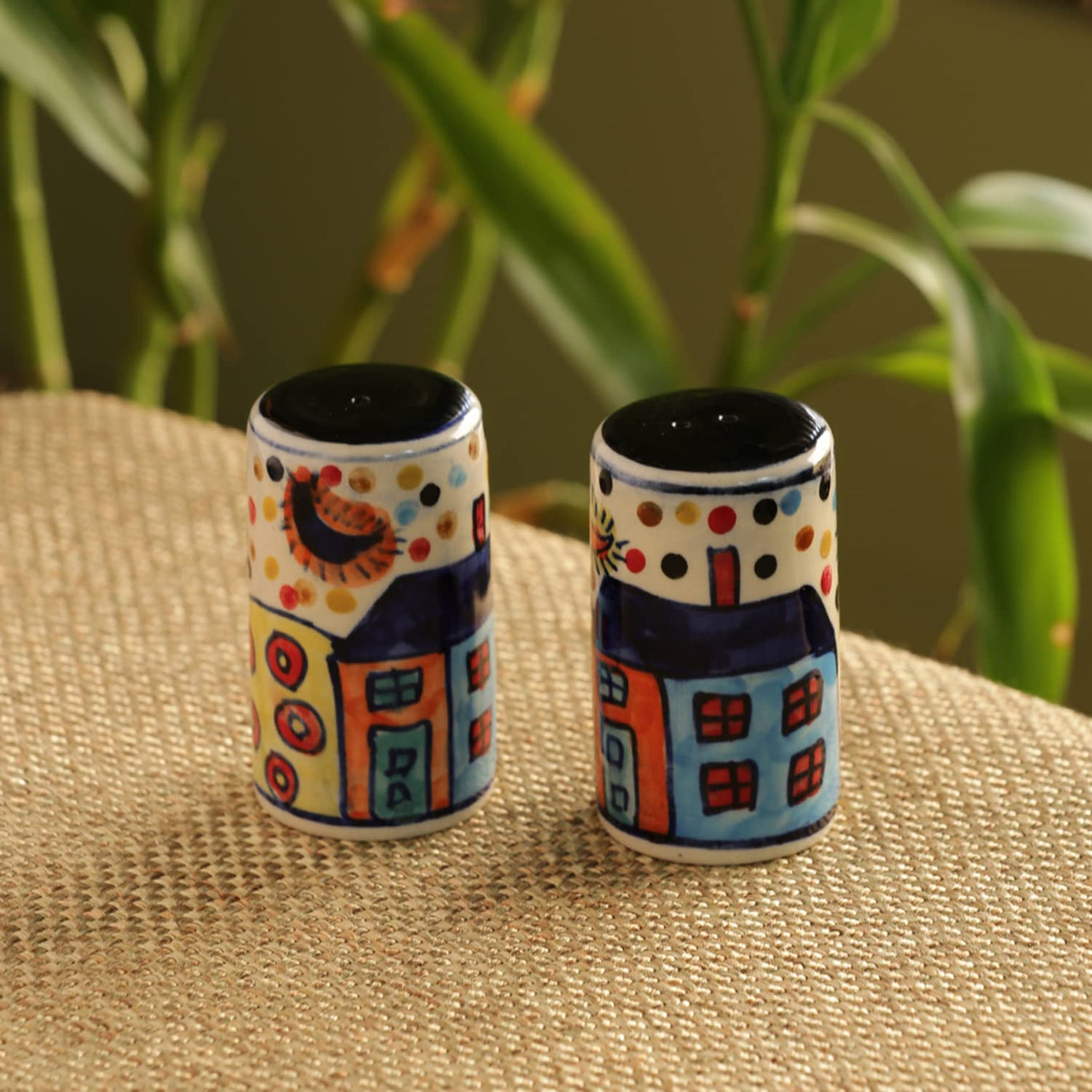 ExclusiveLane Hut Handpainted Ceramic Kitchen Salt and Pepper Shakers Set Dispenser & Salt Pepper Set for Dining Table (80 ML, Multicolour)