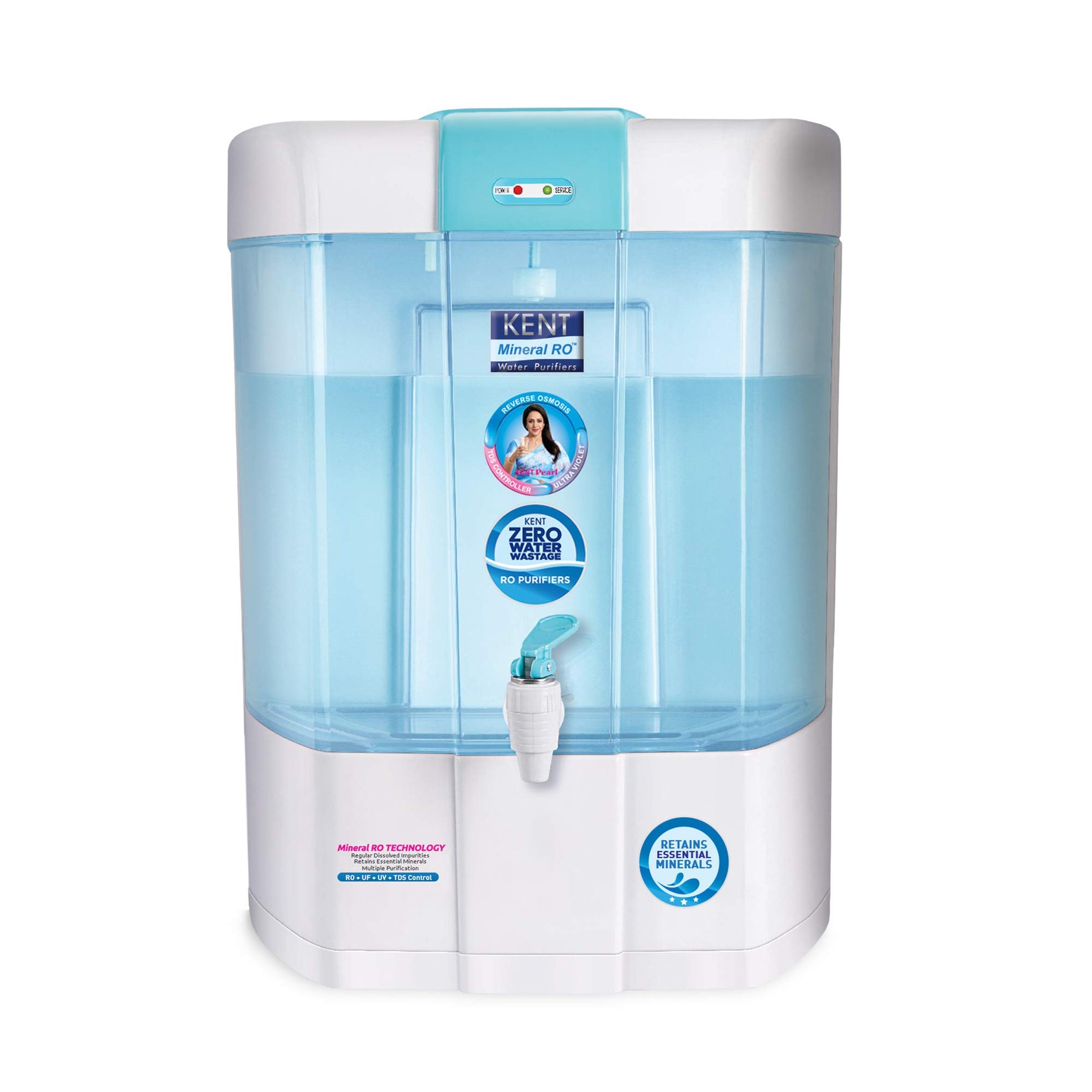 KENT Pearl RO Water Purifier | 4 Years Free Service | Multiple Purification Process | RO + UV + UF + TDS Control + UV LED Tank | 8L Detachable Tank | 20 LPH Flow | Zero Water Wastage | White