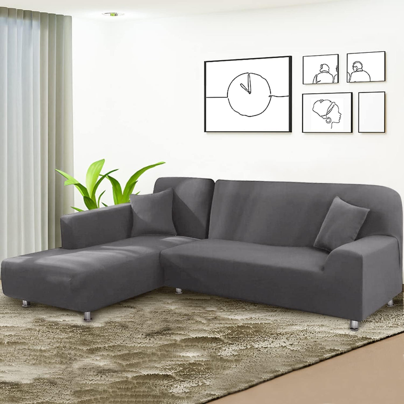 Lukzer L-Shaped Sofa Cover for Living Room Furniture Flexible Slipcover for Couches and More (Left Hand Side, Plain Grey)