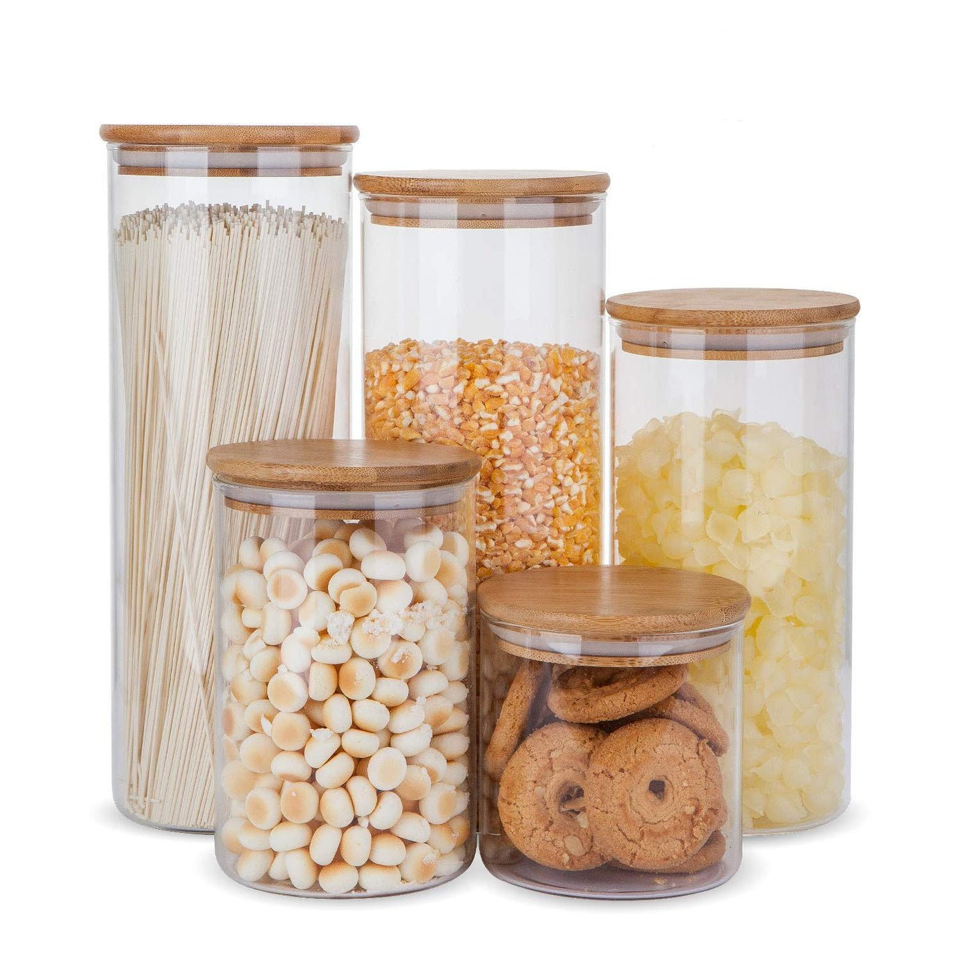 Glass Food Storage Containers Set,Airtight Food Jars with Bamboo Wooden Lids - Set of 5 Kitchen Canisters For Sugar,Candy, Cookie, Rice and Spice Jars