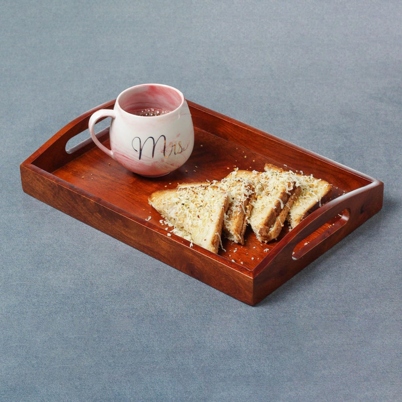 BRICK BROWN ® Premium Handcrafted Serving Wooden Tray for Serving | Tea Tray for Serving Platter | Tray for Dining Table Rectangular (Mahogany Finish, 13.5x9 Inch)