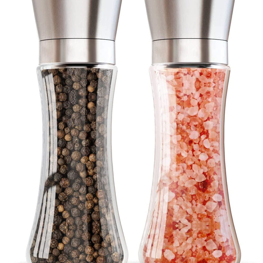 WOODTULA Salt and Pepper Mill - Sea Salt Shaker with Stainless Steel Cap - Pepper Grinder - Salt Shaker - Refillable Spice Mill (Tall, 2-pcs)