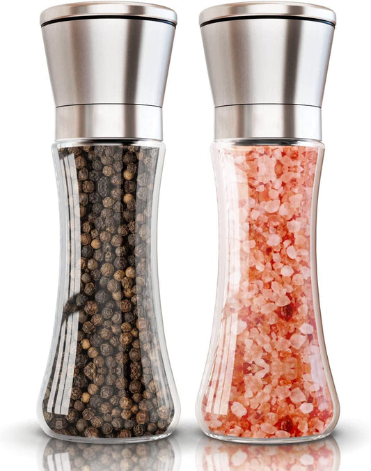 WOODTULA Salt and Pepper Mill - Sea Salt Shaker with Stainless Steel Cap - Pepper Grinder - Salt Shaker - Refillable Spice Mill (Tall, 2-pcs)