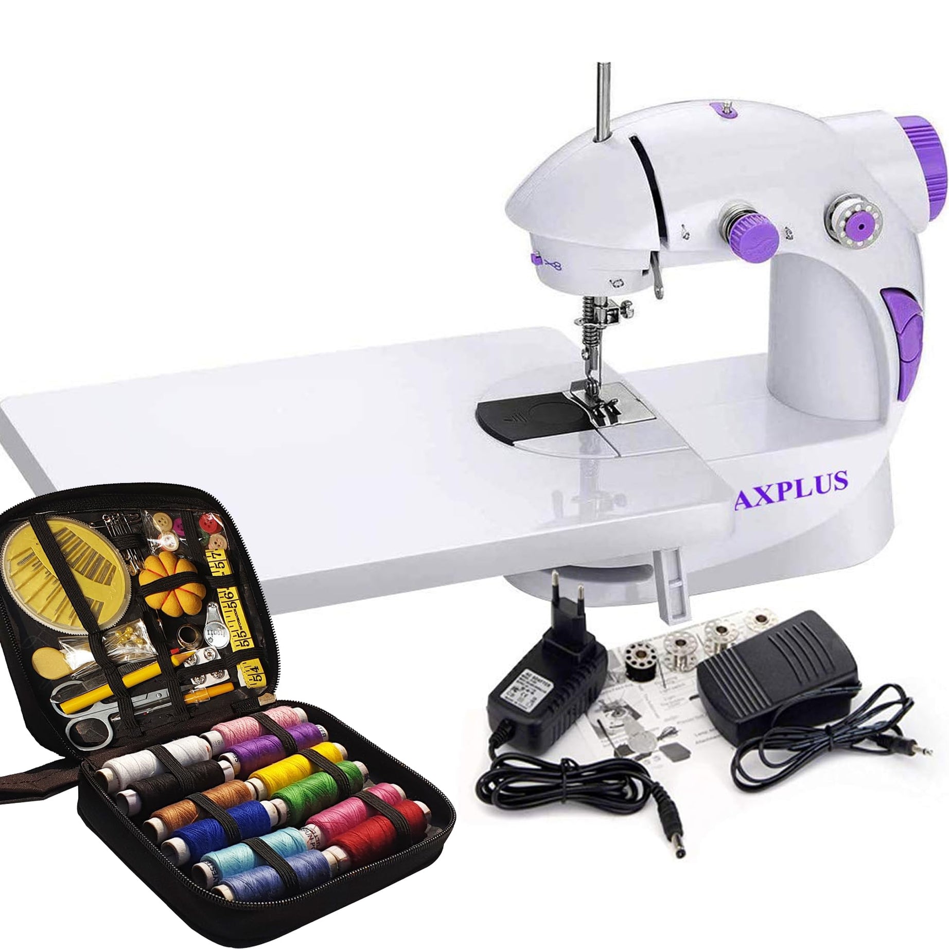 CHILLAXPLUS sewing machine with 12 Thread Kit for home tailoring, silai machine, mini sewing machine for home, stitching machine for home, portable sewing machine with Table(White & Purple)