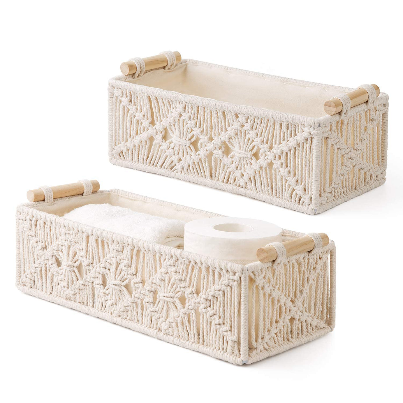 KAAHIRA Set Of 2 Luxurious Handwoven Boho Decor Macrame Rectangular Storage Basket Tray With Wooden Handle And Cotton Lining Countertop Cabin Organizer Home, Office And Events (Off-White)