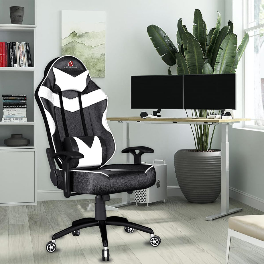 ASE GAMING Infinity Series Ergonomic Gaming Chair Premium PU Leather, Adjustable Neck & Lumbar Pillow, 180 Degree Recline with Black Metal Base (red) (White)