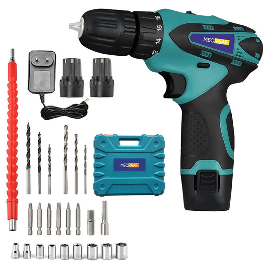 MECRAAF® 12V Li-ion Cordless Drill Machine with Reversible Function | Screwdriver | Chuck 10mm | 1350RPM | Torque 18+1 | Pistol Grip | Spiral Drill | 24 Accessories drill bits in carrying tool kit