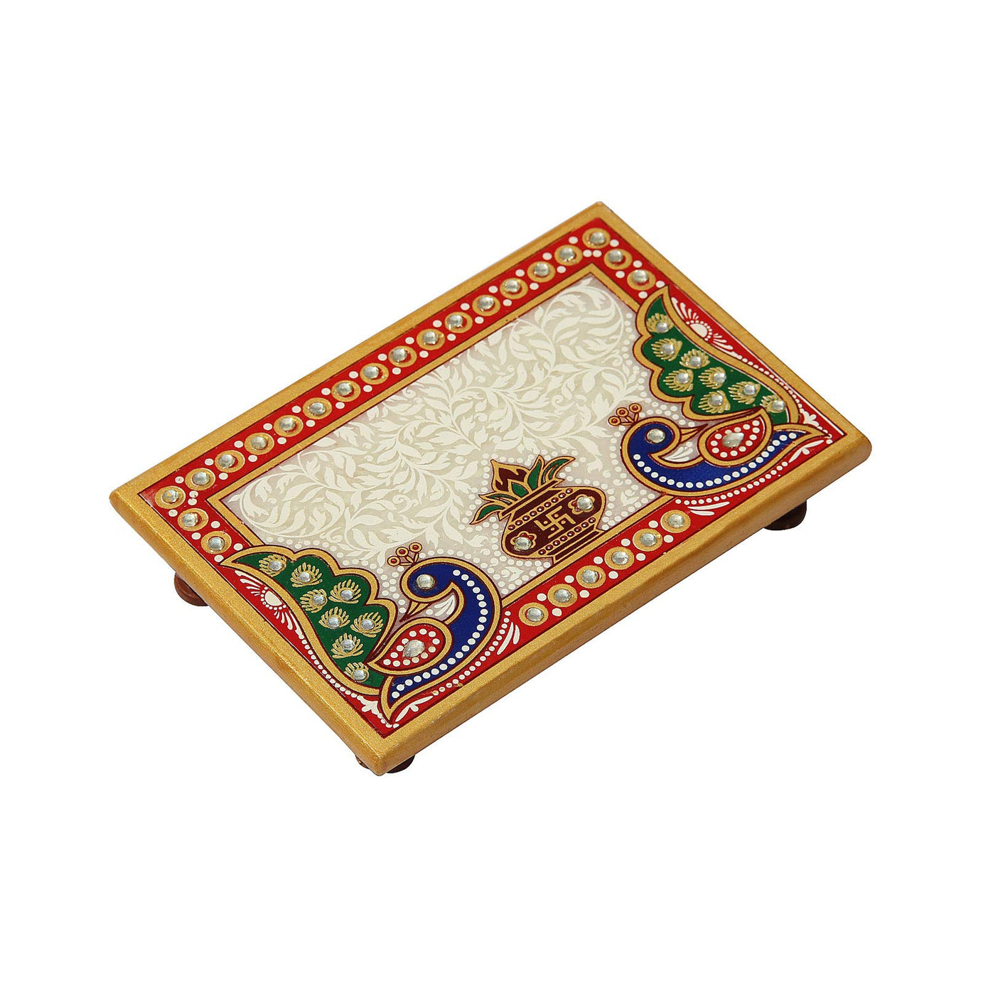 Handicrafts Paradise Peacock and Kalash Designed Rectangle Shape Marble Pooja Chowki (15.3 cm x 10.2 cm x 2.55 cm)