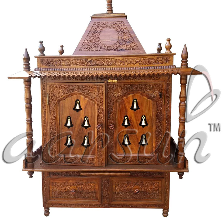 Aarsun Wood Temple - Home Temple - Wooden Prayer Cabinet with Bells - Pooja Unit