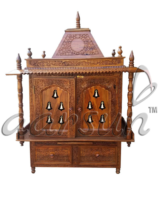 Aarsun Wood Temple - Home Temple - Wooden Prayer Cabinet with Bells - Pooja Unit