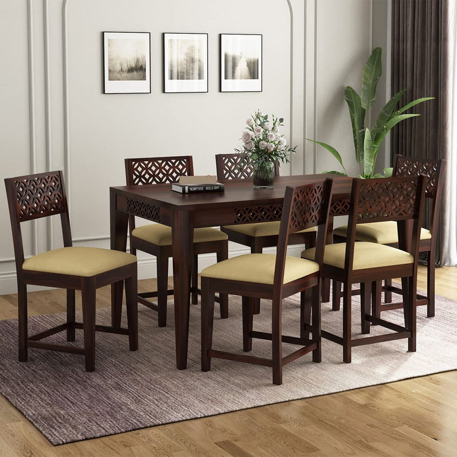 LALITA HANDICRAFT Sheesham Wood CNC 6 Seater Dining Table Set with 6 Cushion Chairs | Wooden Dining Room Sets with 6 Chairs - (Walnut Finish)