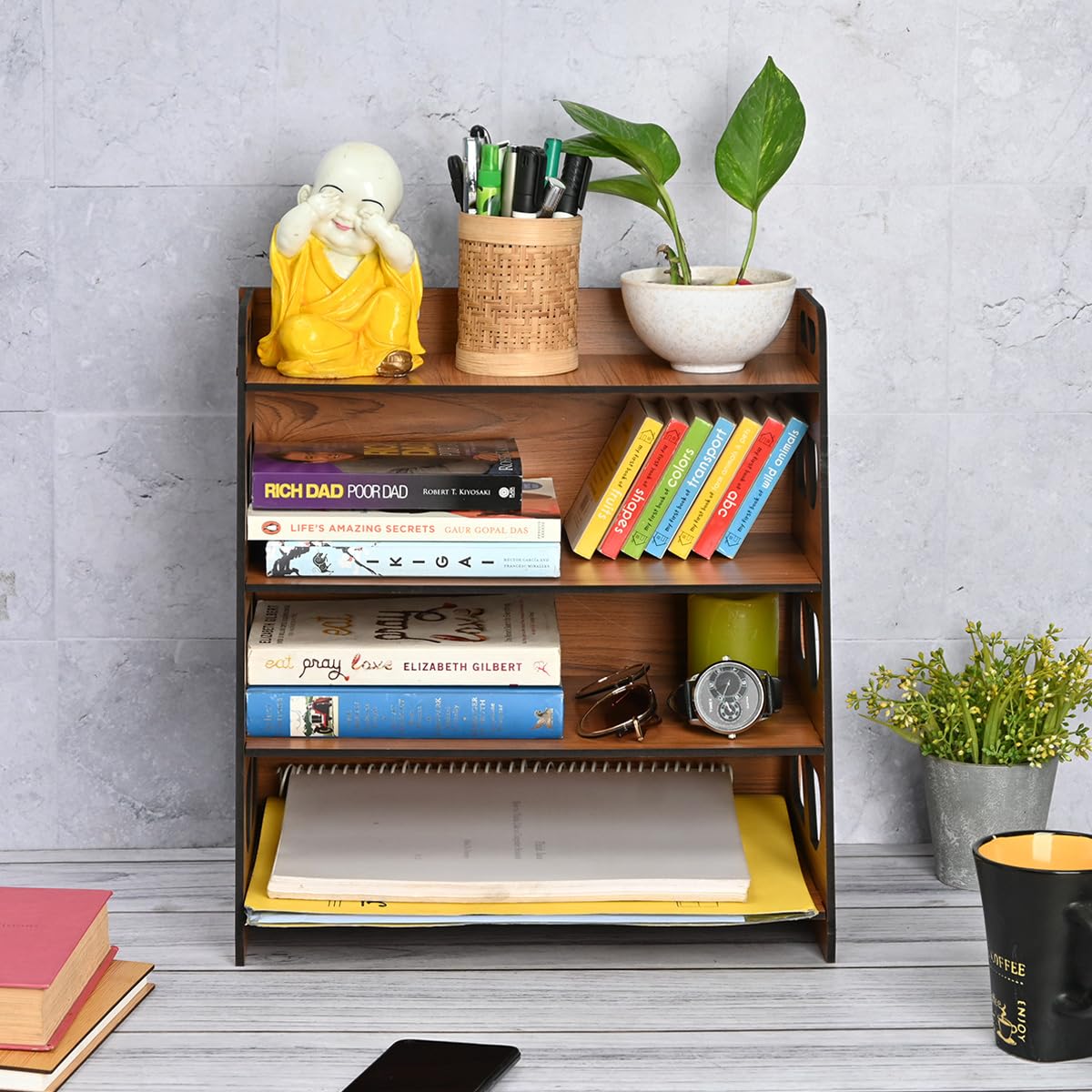 Gift Kya De GKD Book Rack 4 Layer Wooden Book Stand for Table Multipurpose Storage Rack Premium Bookcase Showcase and Book Shelf for Wall (DIY) Dark Wood(ecofriendly)