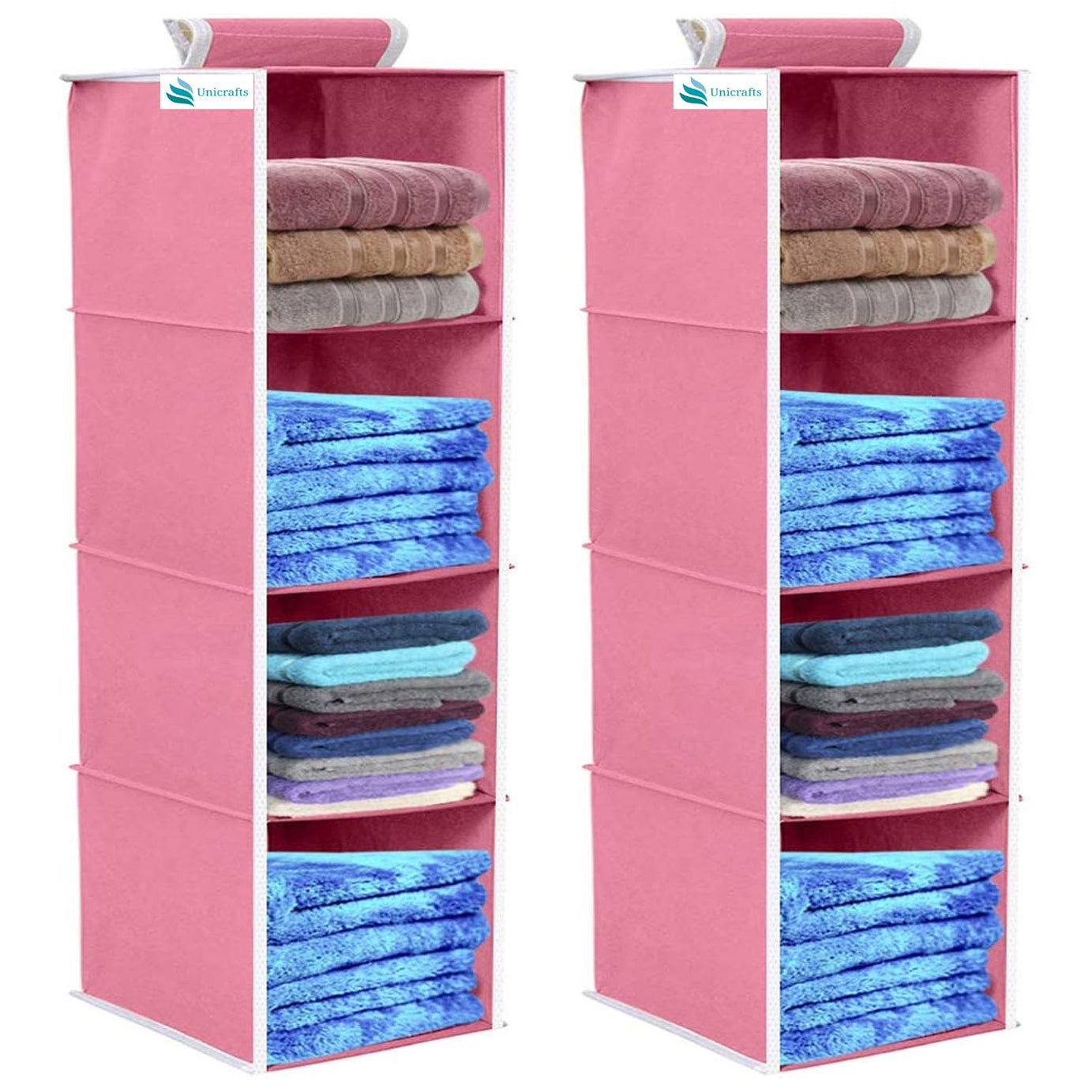 UNICRAFTS Hanging Organizer 4 Shelves Non Woven Foldable Organizer Collapsible Wardrobe Organiser Cupboard 4 Tier Clothes Hanger for Bedroom Pack of 2 Pink