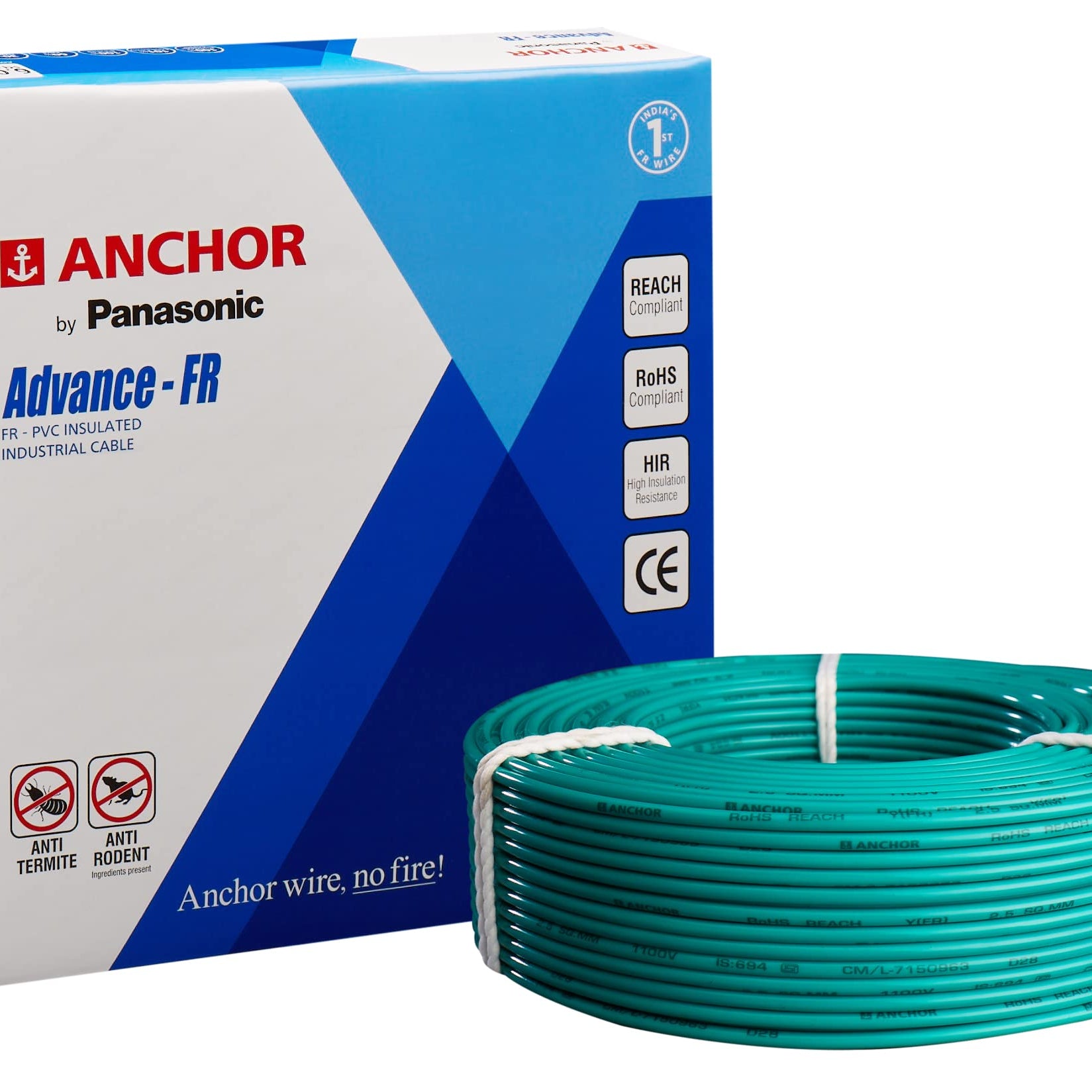 Anchor by Panasonic Advance FR Electric Wire | 1.5 sq mm PVC Insulated Copper Wire for Home Wiring | 90 Meter Electric Wire Cable for Industrial and Domestic Connections (Green, 27404GN)