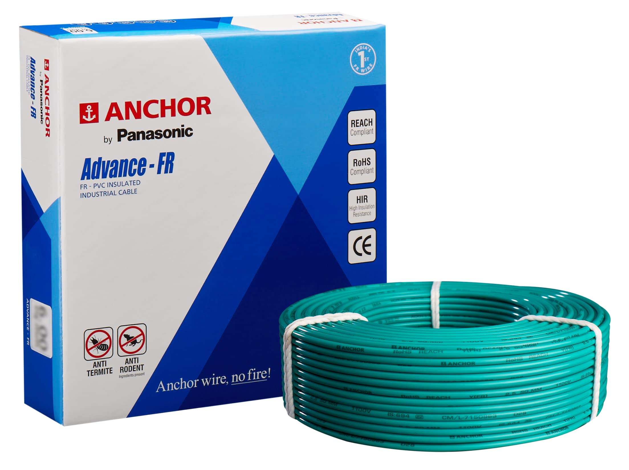 Anchor by Panasonic Advance FR Electric Wire | 1.5 sq mm PVC Insulated Copper Wire for Home Wiring | 90 Meter Electric Wire Cable for Industrial and Domestic Connections (Green, 27404GN)