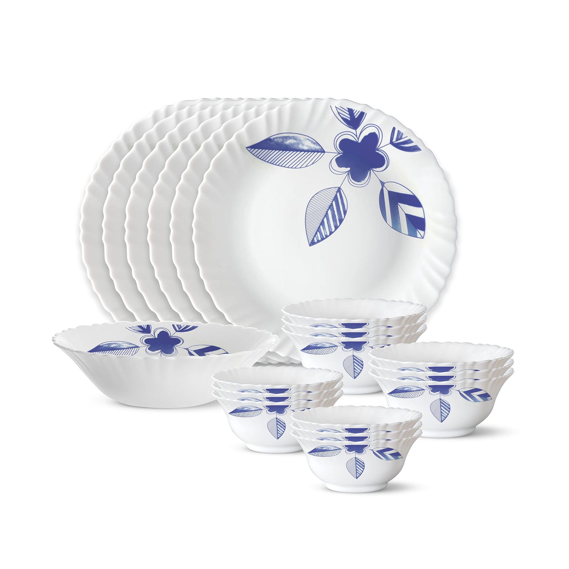 Larah by Borosil Morning Glory Silk Series Opalware Dinner Set |19 Pieces for Family of 6 |Microwave & Dishwasher Safe |Bone-Ash Free |Crockery Set for Dining & Gifting |Plates & Bowls|White,Floral