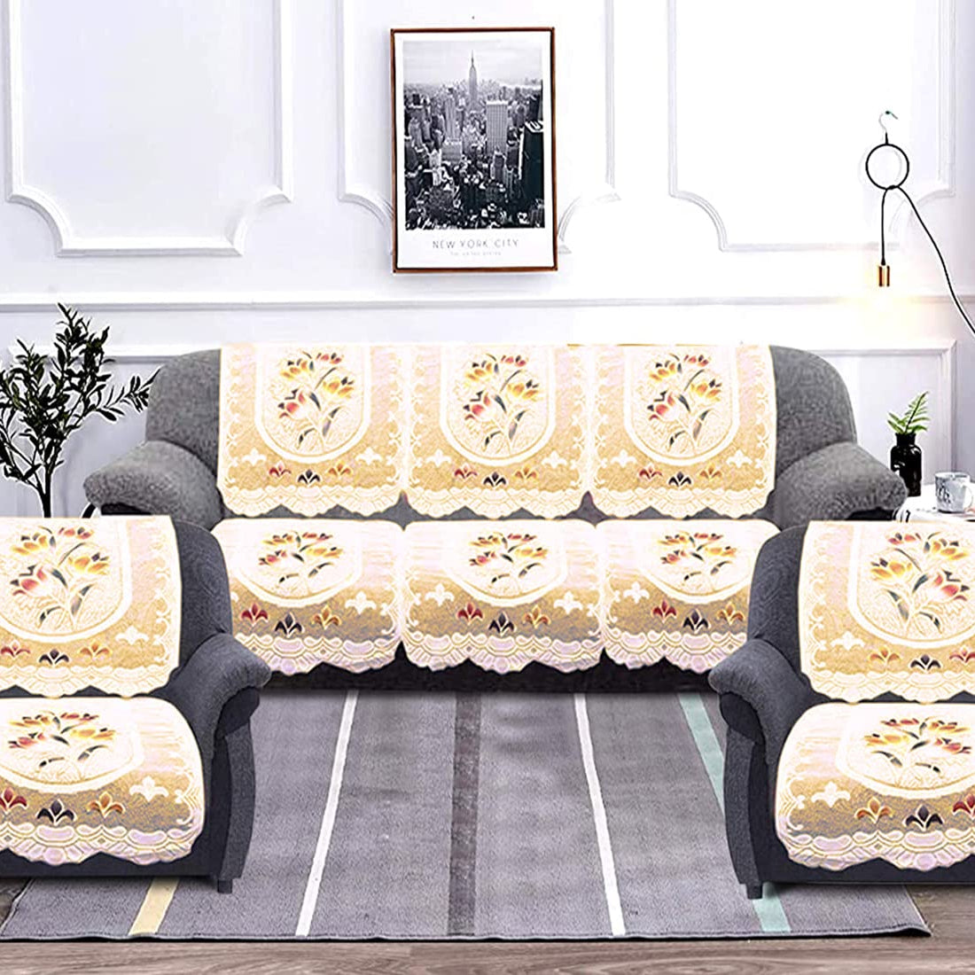 Kuber Industries Cotton Flower Print 5 Seater Slip Sofa Cover Set|Premium Cotton & Flower Print|Pack of 6 (Cream)