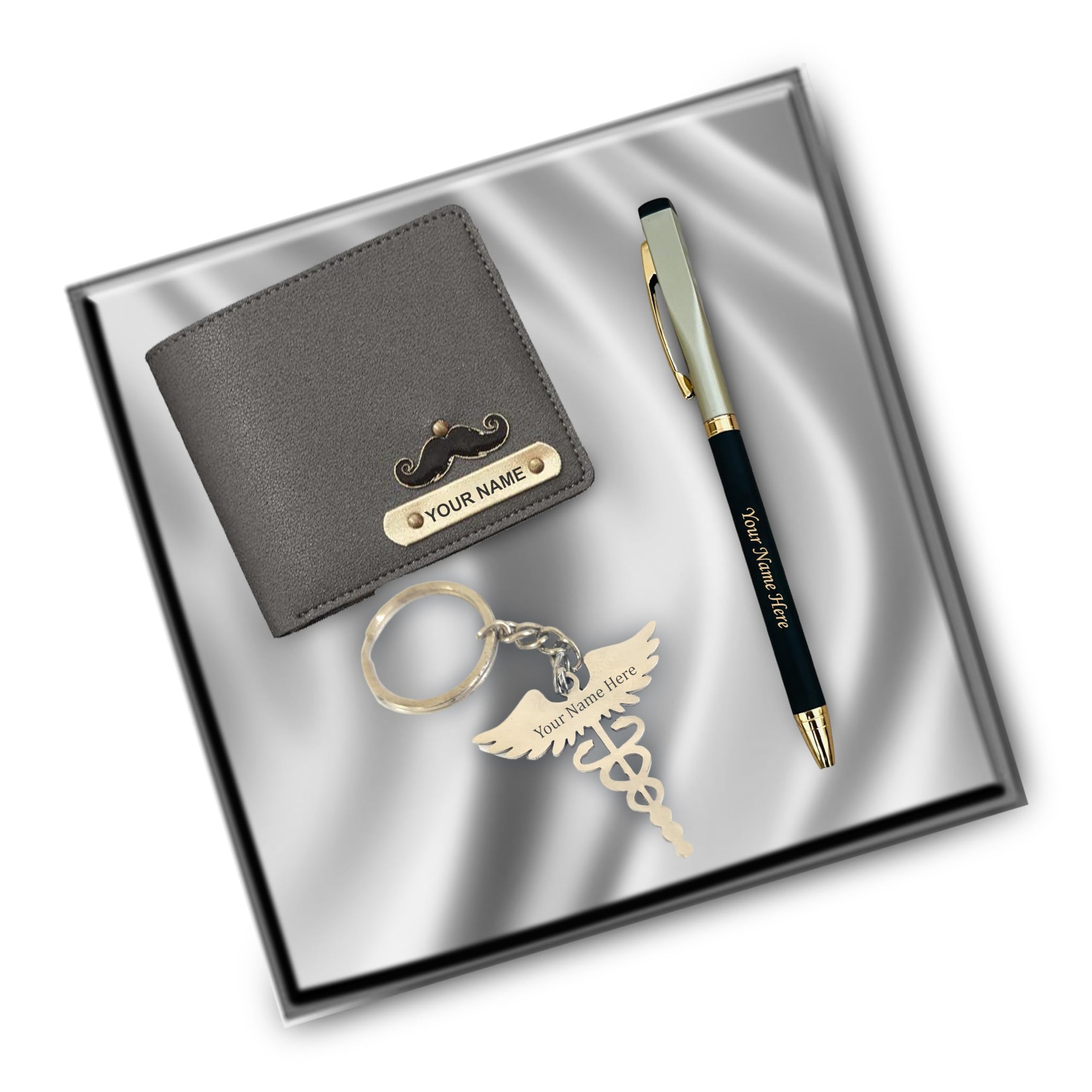 SAVRI Personalized Pen, Stainless Steel Symbol Keychain and Leather Men's wallet Combo with Charm and Your Name Engraved. Best Gift Combo for Him. Men's Professional Gift Box. (Doctor)