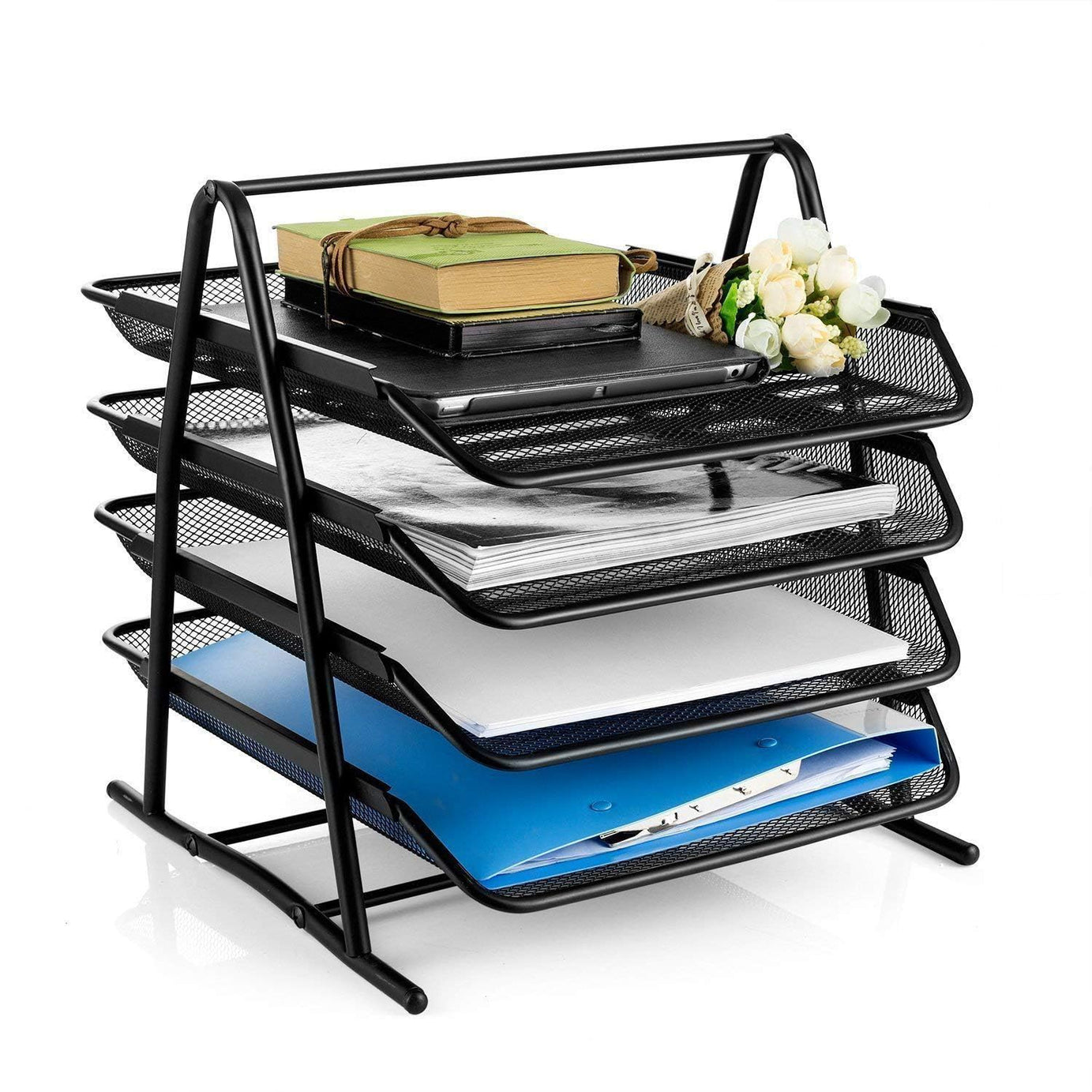 BileDer 4 Tier File Rack for Office Accessories- Desk Document Organizer, Table Paper Tray, Magazine Stand with Sliding Shelf, Study Stationery Holder | Book & File Organiser (Black)