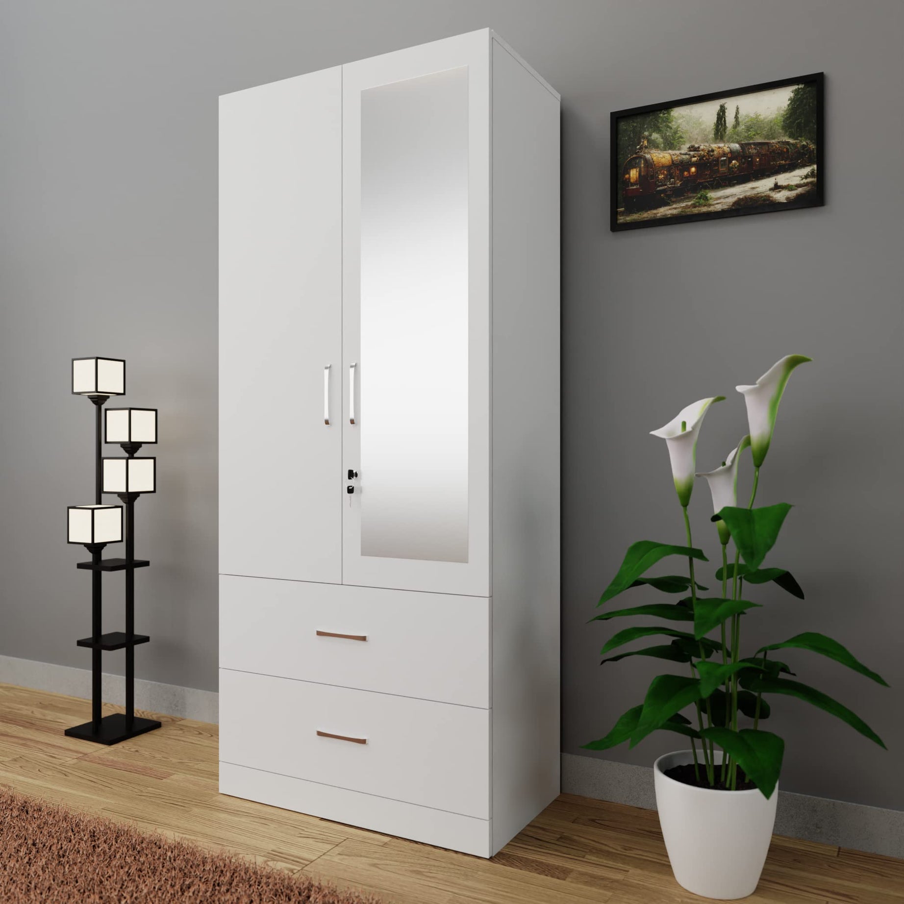 VIKI Wardrobe | Wooden Almirah for Clothes,Door for Bedroom, 2 Door Wardrobe with Drawer, Mirror & Hanging Space (Frosty White - 40D x 80W x 180H) | 1 Year Warranty