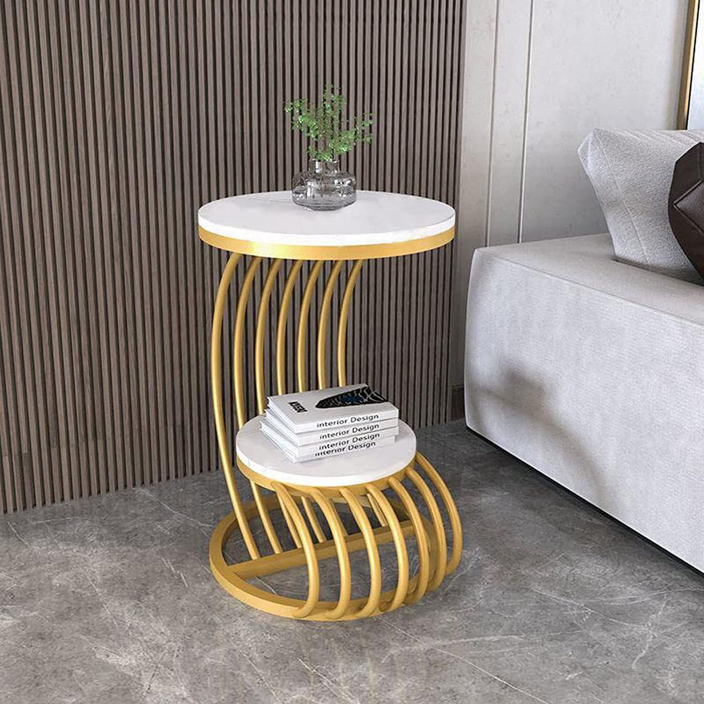 Alenz The Craft Round Metal Table and Outdoor or Indoor,Accent for Living Room Bedroom Balcony and Office, Apartment Modern Industrial Simple Nightstand[White Gold]